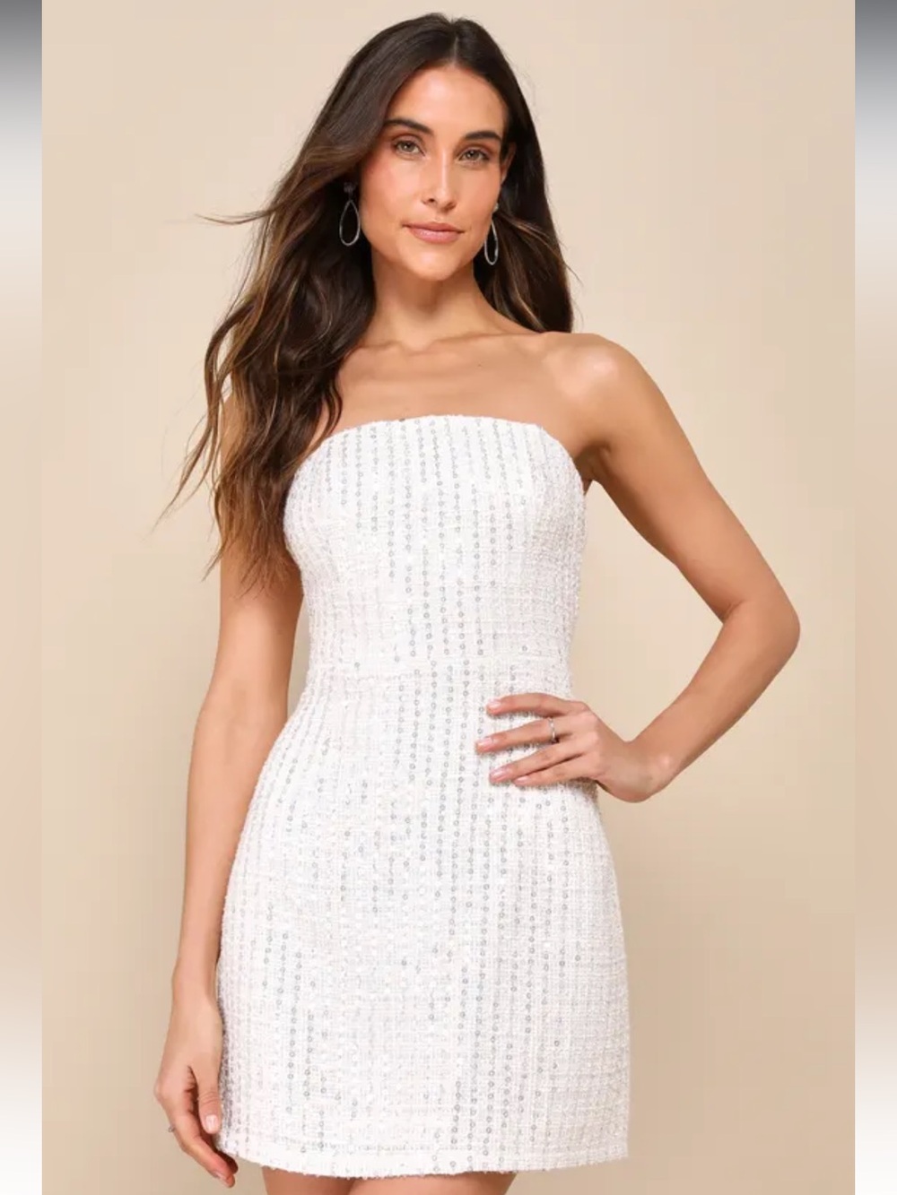 Lulus Ivory Luxe Mentality Tweed Sparkly Sequin Strapless LaceUp MiniDress NWT S